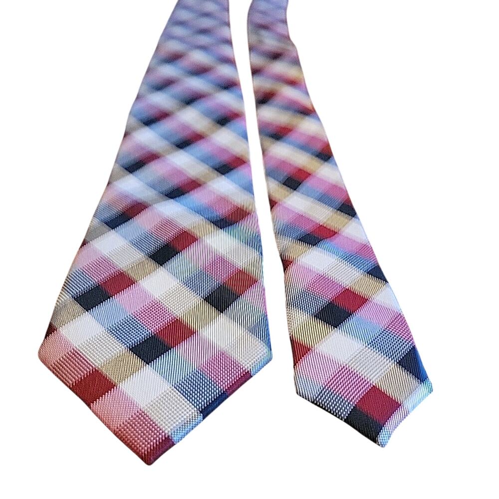 NEIMAN MARCUS MEN'S TIE Handmade 100% SILK Plaid Red White Navy Blue 3.25"
